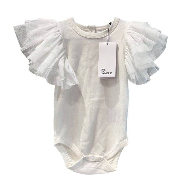 NWT The Tiny Universe Off-White Organic Bodysuit Tulle Ruffles 12 Months - Picture 1 of 8